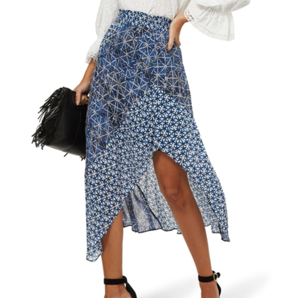Maje asymmetric printed voile midi skirt
